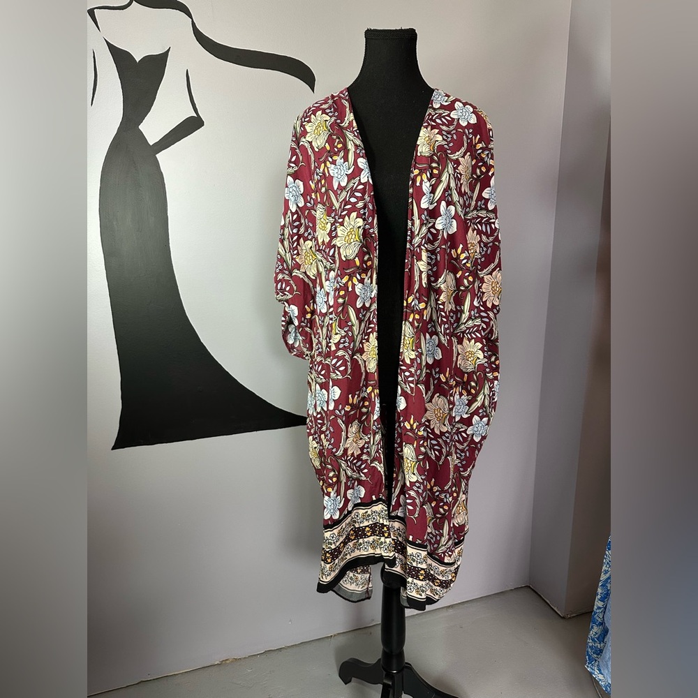 Forever 21 Burgundy Floral Kimono Cardigan